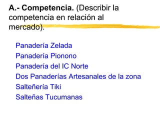 A.- Competencia. (Describir la
competencia en relación al
mercado).
Panadería Zelada
Panadería Pionono
Panadería del IC Norte
Dos Panaderías Artesanales de la zona
Salteñería Tiki
Salteñas Tucumanas
 