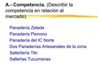 A.- Competencia. (Describir la
competencia en relación al
mercado).
Panadería Zelada
Panadería Pionono
Panadería del IC No...