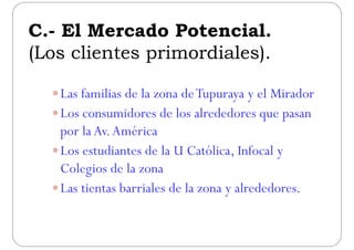 C El Mercado PotencialC.- El Mercado Potencial.
(Los clientes primordiales)(Los clientes primordiales).
Las familias de la zona deTupuraya y el Mirador
L id d l l d dLos consumidores de los alrededores que pasan
por la Av.Américap
Los estudiantes de la U Católica, Infocal y
C l i d lColegios de la zona
Las tientas barriales de la zona y alrededores.y
 