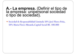 A.- La empresa. (Definir el tipo de
la empresa: unipersonal sociedadla empresa: unipersonal sociedad
o tipo de sociedad).
 Sociedad de Responsabilidad Limitada 50% José Flores Peña,
l d l l50% Maria Flores Miranda.Capital Social BS. 100.000
 