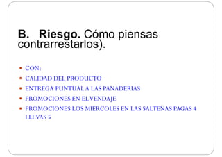 B Riesgo Cómo piensasB. Riesgo. Cómo piensas
contrarrestarlos).
 CON:CON:
 CALIDAD DEL PRODUCTO
 ENTREGA PUNTUALA LAS PANADERIAS ENTREGA PUNTUALA LAS PANADERIAS
 PROMOCIONES EN ELVENDAJE
 PROMOCIONES LOS MIERCOLES EN LAS SALTEÑAS PAGAS 4
LLEVAS 5
 