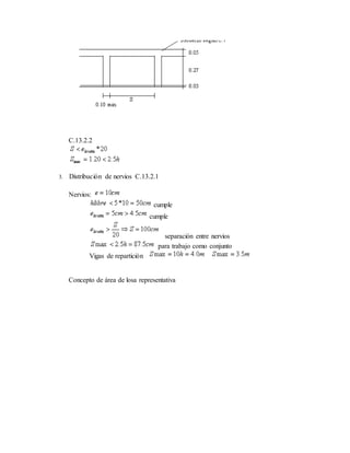 C.13.2.2
3. Distribución de nervios C.13.2.1
Nervios:
cumple
cumple
separación entre nervios
para trabajo como conjunto
Vigas de repartición
Concepto de área de losa representativa
 