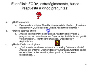 4
El análisis FODA, estratégicamente, busca
respuesta a cinco preguntas:
a. ¿Quiénes somos
a. Examen de la misión, filosofía y valores de la Unidad. ¿A qué nos
dedicamos?, ¿Qué clase de Unidad Académica tenemos?
b. ¿Dónde estamos ahora
a. Análisis interno: Perfil de la Unidad Académica: servicios y
programas, recursos humanos, financiación, instalaciones, gestión
y organización... Identificar Fortalezas, Debilidades y
Aspiraciones
c. ¿Hacia dónde nos dirigimos
a. ¿Qué sucede en el mundo que nos rodea? ¿ Cómo nos afecta?
Análisis del entorno: Oportunidades y Amenazas. Cambios en las
expectativas de los usuarios, demográficos, financieros,
tecnológicos....
 