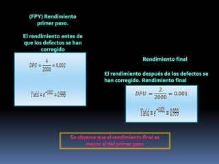 (FPY) Rendimiento primer paso. El rendimiento antes de que los defectos se han corregidoRendimiento finalEl rendimiento después de los defectos se han corregido. Rendimiento finalSe observaque el rendimiento final es mayor al del primer paso