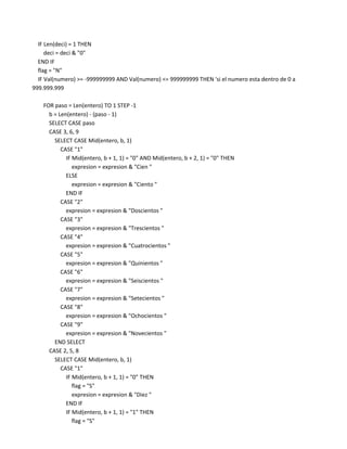 IF Len(deci) = 1 THEN
     deci = deci & "0"
  END IF
  flag = "N"
  IF Val(numero) >= -999999999 AND Val(numero) <= 999999999 THEN 'si el numero esta dentro de 0 a
999.999.999

    FOR paso = Len(entero) TO 1 STEP -1
      b = Len(entero) - (paso - 1)
      SELECT CASE paso
      CASE 3, 6, 9
        SELECT CASE Mid(entero, b, 1)
           CASE "1"
             IF Mid(entero, b + 1, 1) = "0" AND Mid(entero, b + 2, 1) = "0" THEN
                expresion = expresion & "Cien "
             ELSE
                expresion = expresion & "Ciento "
             END IF
           CASE "2"
             expresion = expresion & "Doscientos "
           CASE "3"
             expresion = expresion & "Trescientos "
           CASE "4"
             expresion = expresion & "Cuatrocientos "
           CASE "5"
             expresion = expresion & "Quinientos "
           CASE "6"
             expresion = expresion & "Seiscientos "
           CASE "7"
             expresion = expresion & "Setecientos "
           CASE "8"
             expresion = expresion & "Ochocientos "
           CASE "9"
             expresion = expresion & "Novecientos "
        END SELECT
      CASE 2, 5, 8
        SELECT CASE Mid(entero, b, 1)
           CASE "1"
             IF Mid(entero, b + 1, 1) = "0" THEN
                flag = "S"
                expresion = expresion & "Diez "
             END IF
             IF Mid(entero, b + 1, 1) = "1" THEN
                flag = "S"
 