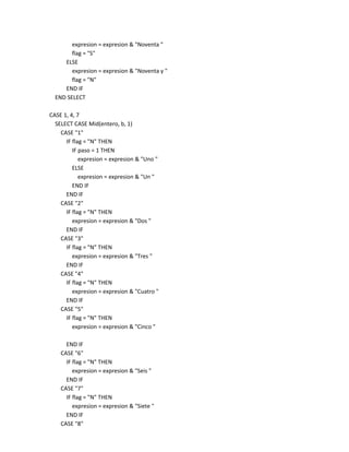 expresion = expresion & "Noventa "
        flag = "S"
     ELSE
        expresion = expresion & "Noventa y "
        flag = "N"
     END IF
  END SELECT

CASE 1, 4, 7
  SELECT CASE Mid(entero, b, 1)
    CASE "1"
      IF flag = "N" THEN
         IF paso = 1 THEN
            expresion = expresion & "Uno "
         ELSE
            expresion = expresion & "Un "
         END IF
      END IF
    CASE "2"
      IF flag = "N" THEN
         expresion = expresion & "Dos "
      END IF
    CASE "3"
      IF flag = "N" THEN
         expresion = expresion & "Tres "
      END IF
    CASE "4"
      IF flag = "N" THEN
         expresion = expresion & "Cuatro "
      END IF
    CASE "5"
      IF flag = "N" THEN
         expresion = expresion & "Cinco "

      END IF
    CASE "6"
      IF flag = "N" THEN
         expresion = expresion & "Seis "
      END IF
    CASE "7"
      IF flag = "N" THEN
         expresion = expresion & "Siete "
      END IF
    CASE "8"
 