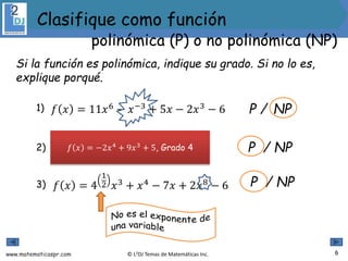 www.matematicaspr.com © L2DJ Temas de Matemáticas Inc.
1) P / NP
2) P / NP
3) P / NP
Si la función es polinómica, indique su grado. Si no lo es,
explique porqué.
6
polinómica (P) o no polinómica (NP)
Clasifique como función
𝑓 𝑥 = 11𝑥6
− 𝑥−3
+ 5𝑥 − 2𝑥3
− 6
𝑓 𝑥 =
−2
𝑥−4
+ 9𝑥3
+ 5
𝑓 𝑥 = 4
1
2 𝑥3 + 𝑥4 − 7𝑥 + 2𝑥8 − 6
𝑓 𝑥 = −2𝑥4
+ 9𝑥3
+ 5, Grado 4
 