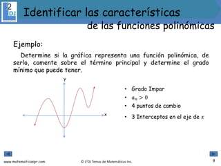 www.matematicaspr.com © L2DJ Temas de Matemáticas Inc.
Ejemplo:
Determine si la gráfica representa una función polinómica, de
serlo, comente sobre el término principal y determine el grado
mínimo que puede tener.
y
x
• Grado Impar
• 𝑎𝑛 > 0
• 4 puntos de cambio
• 3 Interceptos en el eje de 𝑥
9
Identificar las características
de las funciones polinómicas
 