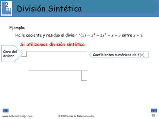 www.matematicaspr.com © L2DJ Temas de Matemáticas Inc.
Si utilizamos división sintética
Coeficientes numéricos de 𝑓(𝑥)
Ejemplo:
Halle cociente y residuo al dividir 𝑓 𝑥 = 𝑥4
− 2𝑥2
+ 𝑥 − 3 entre 𝑥 + 2.
Cero del
divisor
25
División Sintética
 