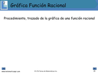 www.matematicaspr.com © L2DJ Temas de Matemáticas Inc.
Procedimiento, trazado de la gráfica de una función racional
 .
21
Gráfica Función Racional
 