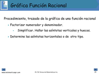 www.matematicaspr.com © L2DJ Temas de Matemáticas Inc.
Procedimiento, trazado de la gráfica de una función racional
 Factorizar numerador y denominador.
 Simplificar. Hallar las asíntotas verticales y huecos.
 Determine las asíntotas horizontales o de otro tipo.
 .
21
Gráfica Función Racional
 