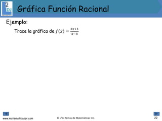 www.matematicaspr.com © L2DJ Temas de Matemáticas Inc.
Gráfica Función Racional
22
Ejemplo:
Trace la gráfica de 𝑓 𝑥 =
3𝑥+1
𝑥−8
 