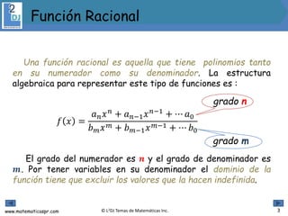 www.matematicaspr.com © L2DJ Temas de Matemáticas Inc.
Una función racional es aquella que tiene polinomios tanto
en su numerador como su denominador. La estructura
algebraica para representar este tipo de funciones es :
El grado del numerador es 𝒏 y el grado de denominador es
𝒎. Por tener variables en su denominador el dominio de la
función tiene que excluir los valores que la hacen indefinida.
𝑓 𝑥 =
𝑎 𝑛 𝑥 𝑛 + 𝑎 𝑛−1 𝑥 𝑛−1 + ⋯ 𝑎0
𝑏 𝑚 𝑥 𝑚 + 𝑏 𝑚−1 𝑥 𝑚−1 + ⋯ 𝑏0
grado n
grado m
Función Racional
3
 