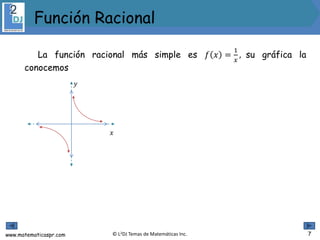 www.matematicaspr.com © L2DJ Temas de Matemáticas Inc.
𝑦
𝑥
Función Racional
7
La función racional más simple es 𝑓 𝑥 =
1
𝑥
, su gráfica la
conocemos
 