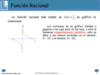 www.matematicaspr.com © L2DJ Temas de Matemáticas Inc.
𝑦
𝑥
Los extremos de su gráfica tienden a
pegarse a los ejes pero no los toca, a esto le
llamamos comportamiento asintótico, esto se
debe a los valores excluidos en el dominio,
ℝ − 0 y el alcance, ℝ − 0 .
Función Racional
7
La función racional más simple es 𝑓 𝑥 =
1
𝑥
, su gráfica la
conocemos
 