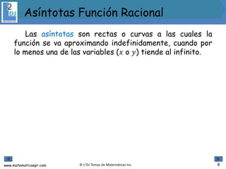 www.matematicaspr.com © L2DJ Temas de Matemáticas Inc.
Asíntotas Función Racional
8
Las asíntotas son rectas o curvas a las cuales la
función se va aproximando indefinidamente, cuando por
lo menos una de las variables (𝑥 o 𝑦) tiende al infinito.
 