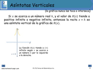 www.matematicaspr.com © L2DJ Temas de Matemáticas Inc. 9
Asíntotas Verticales
(la gráfica nunca las toca o interseca)
Si 𝑥 se acerca a un número real ℎ, y el valor de 𝑅(𝑥) tiende a
positivo infinito o negativo infinito, entonces la recta 𝑥 = ℎ es
una asíntota vertical de la gráfica de 𝑅(𝑥).
𝑥
𝑦
𝑥 = ℎ
La función 𝑅(𝑥) tiende a (+)
infinito según 𝑥 se acerca a
un número ℎ por la izquierda
o la derecha.
 