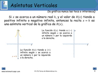www.matematicaspr.com © L2DJ Temas de Matemáticas Inc. 9
Asíntotas Verticales
(la gráfica nunca las toca o interseca)
Si 𝑥 se acerca a un número real ℎ, y el valor de 𝑅(𝑥) tiende a
positivo infinito o negativo infinito, entonces la recta 𝑥 = ℎ es
una asíntota vertical de la gráfica de 𝑅(𝑥).
𝑥
𝑦
𝑥 = ℎ
𝑥
𝑦
La función 𝑅(𝑥) tiende a (+)
infinito según 𝑥 se acerca a
un número ℎ por la izquierda
o la derecha.
La función 𝑅(𝑥) tiende a (−)
infinito según 𝑥 se acerca a
un número ℎ por la izquierda
o la derecha.
 