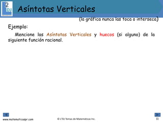 www.matematicaspr.com © L2DJ Temas de Matemáticas Inc. 11
Asíntotas Verticales
(la gráfica nunca las toca o interseca)
Ejemplo:
Mencione las Asíntotas Verticales y huecos (si alguno) de la
siguiente función racional.
 