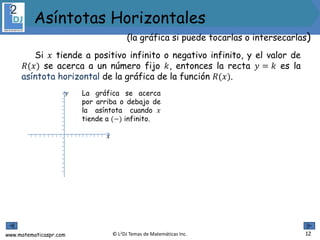 www.matematicaspr.com © L2DJ Temas de Matemáticas Inc. 12
(la gráfica si puede tocarlas o intersecarlas)
Asíntotas Horizontales
Si 𝑥 tiende a positivo infinito o negativo infinito, y el valor de
𝑅(𝑥) se acerca a un número fijo 𝑘, entonces la recta 𝑦 = 𝑘 es la
asíntota horizontal de la gráfica de la función 𝑅(𝑥).
𝑥
𝑦 La gráfica se acerca
por arriba o debajo de
la asíntota cuando 𝑥
tiende a (−) infinito.
 