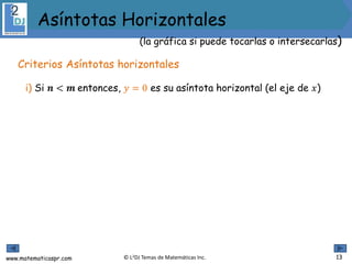 www.matematicaspr.com © L2DJ Temas de Matemáticas Inc.
i) Si 𝒏 < 𝒎 entonces, 𝑦 = 0 es su asíntota horizontal (el eje de 𝑥)
Criterios Asíntotas horizontales
13
(la gráfica si puede tocarlas o intersecarlas)
Asíntotas Horizontales
 