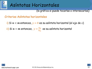 www.matematicaspr.com © L2DJ Temas de Matemáticas Inc.
i) Si 𝒏 < 𝒎 entonces, 𝑦 = 0 es su asíntota horizontal (el eje de 𝑥)
ii) Si 𝒏 = 𝒎 entonces, 𝑦 =
𝑎 𝑛
𝑏 𝑚
es su asíntota horizontal
Criterios Asíntotas horizontales
13
(la gráfica si puede tocarlas o intersecarlas)
Asíntotas Horizontales
 