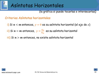 www.matematicaspr.com © L2DJ Temas de Matemáticas Inc.
i) Si 𝒏 < 𝒎 entonces, 𝑦 = 0 es su asíntota horizontal (el eje de 𝑥)
ii) Si 𝒏 = 𝒎 entonces, 𝑦 =
𝑎 𝑛
𝑏 𝑚
es su asíntota horizontal
Criterios Asíntotas horizontales
iii) Si 𝒏 > 𝒎 entonces, no existe asíntota horizontal
13
(la gráfica si puede tocarlas o intersecarlas)
Asíntotas Horizontales
 