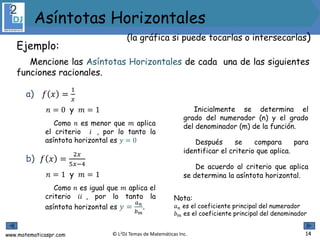 www.matematicaspr.com © L2DJ Temas de Matemáticas Inc.
Ejemplo:
Mencione las Asíntotas Horizontales de cada una de las siguientes
funciones racionales.
a) 𝑓 𝑥 =
1
𝑥
𝑛 = 0 y 𝑚 = 1 Inicialmente se determina el
grado del numerador (n) y el grado
del denominador (m) de la función.
Después se compara para
identificar el criterio que aplica.
De acuerdo al criterio que aplica
se determina la asíntota horizontal.
Como 𝑛 es menor que 𝑚 aplica
el criterio 𝑖 , por lo tanto la
asíntota horizontal es 𝑦 = 0
b) 𝑓 𝑥 =
2𝑥
5𝑥−4
𝑛 = 1 y 𝑚 = 1
Como 𝑛 es igual que 𝑚 aplica el
criterio 𝑖𝑖 , por lo tanto la
asíntota horizontal es 𝑦 =
𝑎 𝑛
𝑏 𝑚
.
Nota:
𝑎 𝑛 es el coeficiente principal del numerador
𝑏 𝑚 es el coeficiente principal del denominador
14
(la gráfica si puede tocarlas o intersecarlas)
Asíntotas Horizontales
 