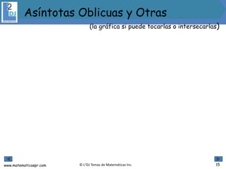 www.matematicaspr.com © L2DJ Temas de Matemáticas Inc. 15
(la gráfica si puede tocarlas o intersecarlas)
Asíntotas Oblicuas y Otras
 