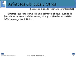 www.matematicaspr.com © L2DJ Temas de Matemáticas Inc. 15
(la gráfica si puede tocarlas o intersecarlas)
Asíntotas Oblicuas y Otras
Diremos que una curva es una asíntota oblicua cuando la
función se acerca a dicha curva, si 𝑥 y 𝑦 tienden a positivo
infinito o negativo infinito.
 