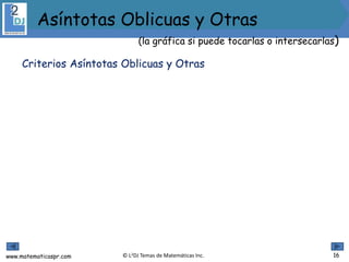 www.matematicaspr.com © L2DJ Temas de Matemáticas Inc. 16
Criterios Asíntotas Oblicuas y Otras
(la gráfica si puede tocarlas o intersecarlas)
Asíntotas Oblicuas y Otras
 