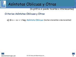 www.matematicaspr.com © L2DJ Temas de Matemáticas Inc.
a) Si 𝑛 − 𝑚 = 1 hay Asíntota Oblicua
Criterios Asíntotas Oblicuas y Otras
16
Asíntotas Oblicuas y Otras
(la gráfica si puede tocarlas o intersecarlas)
(rectas crecientes o decrecientes)
 