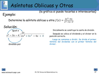 www.matematicaspr.com © L2DJ Temas de Matemáticas Inc.
Inicialmente se construye la casita de división.
Después se coloca el dividendo y el divisor en la
posición correcta.
Luego se comienza a dividir. Se divide el primer
término del dividendo con el primer término del
divisor.dividido por
Igual a
2𝑥3 + 0𝑥2 − 4𝑥 + 0𝑥2
− 3𝑥 − 4
2𝑥
17
Ejemplo:
Determine la asíntota oblicua u otra 𝑓 𝑥 =
2𝑥3−4𝑥
𝑥2−3𝑥−4
.
Solución:
(la gráfica si puede tocarlas o intersecarlas)
Asíntotas Oblicuas y Otras
 