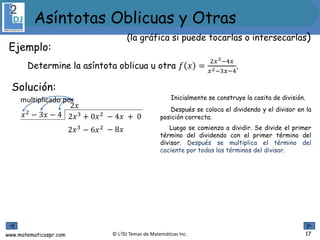 www.matematicaspr.com © L2DJ Temas de Matemáticas Inc.
Inicialmente se construye la casita de división.
Después se coloca el dividendo y el divisor en la
posición correcta.
Luego se comienza a dividir. Se divide el primer
término del dividendo con el primer término del
divisor. Después se multiplica el término del
cociente por todos los términos del divisor.
17
2𝑥3 + 0𝑥2 − 4𝑥 + 0𝑥2
− 3𝑥 − 4
2𝑥
2𝑥3
− 6𝑥2 − 8𝑥
multiplicado por
Ejemplo:
Determine la asíntota oblicua u otra 𝑓 𝑥 =
2𝑥3−4𝑥
𝑥2−3𝑥−4
.
Solución:
(la gráfica si puede tocarlas o intersecarlas)
Asíntotas Oblicuas y Otras
 