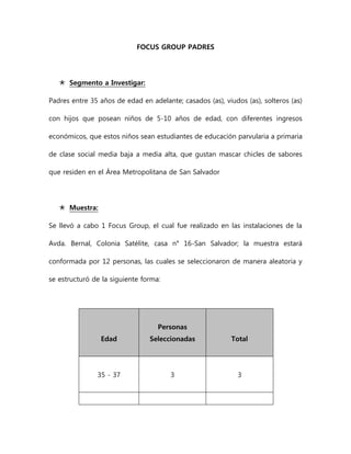 FOCUS GROUP PADRES
 Segmento a Investigar:
Padres entre 35 años de edad en adelante; casados (as), viudos (as), solteros (as)
con hijos que posean niños de 5-10 años de edad, con diferentes ingresos
económicos, que estos niños sean estudiantes de educación parvularia a primaria
de clase social media baja a media alta, que gustan mascar chicles de sabores
que residen en el Área Metropolitana de San Salvador
 Muestra:
Se llevó a cabo 1 Focus Group, el cual fue realizado en las instalaciones de la
Avda. Bernal, Colonia Satélite, casa n° 16-San Salvador; la muestra estará
conformada por 12 personas, las cuales se seleccionaron de manera aleatoria y
se estructuró de la siguiente forma:
Edad
Personas
Seleccionadas Total
35 - 37 3 3
 