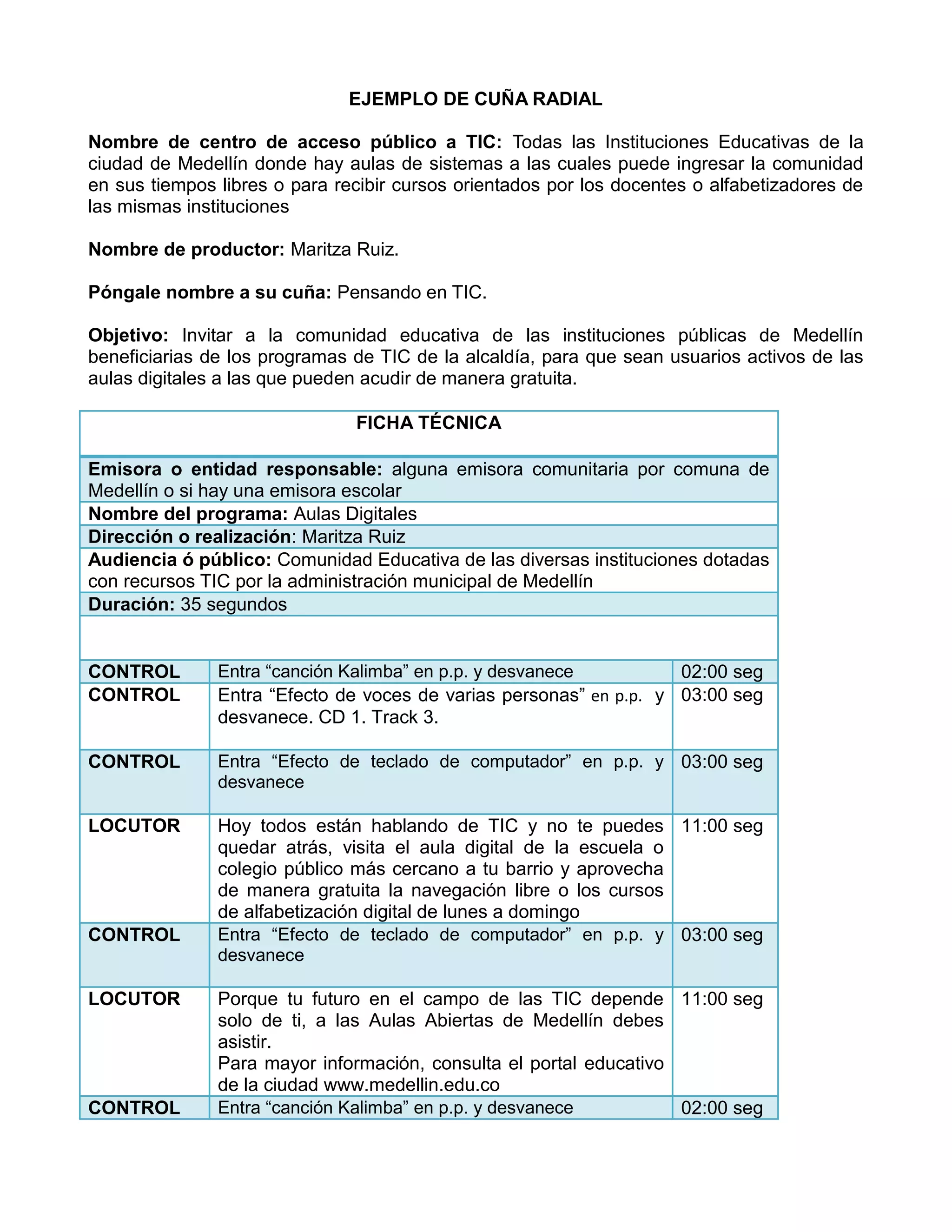 Ejemplo guion cuña radial Maritza | PDF