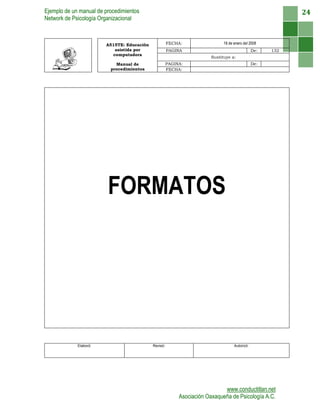 Ejemplo de un manual de procedimientos
Network de Psicología Organizacional
www.conductitlan.net
Asociación Oaxaqueña de Psicología A.C.
24
A515TE: Educación
asistida por
computadora
FECHA: 18 de enero del 2008
PAGINA De: 132
Sustituye a:
Manual de
procedimientos
PAGINA: De:
FECHA:
FORMATOS
Elaboró: Revisó: Autorizó:
 