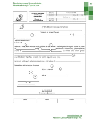 Ejemplo de un manual de procedimientos
Network de Psicología Organizacional
www.conductitlan.net
Asociación Oaxaqueña de Psicología A.C.
25
A515TE: Educación
asistida por
computadora
FECHA: 18 de enero del 2008
PAGINA De: 132
Sustituye a:
Manual de
procedimientos
PAGINA: De:
FECHA:
Elaboró: Revisó: Autorizó:
A515TE: Educación Asistida por Computadora
FORMATO DE REQUICIÓN (RQ)
_________________________________________.
C. _____________________
Jefe de recursos humanos
P r e s e n t e.
Le solicito a usted ser tan amable de iniciar el proceso de reclutamiento y selección para cubrir la plaza vacante del puesto
de por tiempo (determinado o indeterminado), que estará adscrito
al área de que tendrá como función general:
___________________________________________________________________________________________________
______________________________________________________________________________________
y que deberá cubrir el perfil que se detalla en el análisis de puesto que se anexa .
Asimismo te solicito que la fecha de contratación sea a más tardar el día __________________________________..
Le agradezco de antemano sus atenciones.
A t e n t a m e n t e
___________________________________
Jefe de ______________________________
______________ .
Vo. Bo.
______________________________
Tel. ( 951) 54 8 50 88
www.a515te.com.mx
E-mail: jorgeever@yahoo.com.mx
Joaquín Amaro 408, Col. Figueroa. Oaxaca, Oaxaca
C.P. 68070
12
3 4
5
6
7
8
9
10
11
 