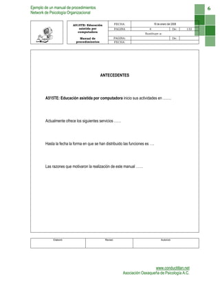 Ejemplo de un manual de procedimientos
Network de Psicología Organizacional
www.conductitlan.net
Asociación Oaxaqueña de Psicología A.C.
6
A515TE: Educación
asistida por
computadora
FECHA: 18 de enero del 2008
PAGINA 4 De: 132
Sustituye a:
Manual de
procedimientos
PAGINA: De:
FECHA:
ANTECEDENTES
A515TE: Educación asistida por computadora inicio sus actividades en …….
Actualmente ofrece los siguientes servicios ……
Hasta la fecha la forma en que se han distribuido las funciones es ….
Las razones que motivaron la realización de este manual ……
Elaboró: Revisó: Autorizó:
 