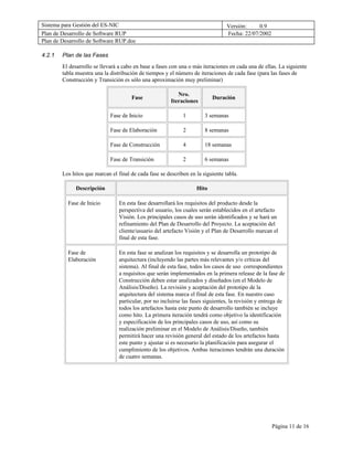 Sistema para Gestión del ES-NIC                                                  Versión:     0.9
Plan de Desarrollo de Software RUP                                               Fecha: 22/07/2002
Plan de Desarrollo de Software RUP.doc

4.2.1   Plan de las Fases
        El desarrollo se llevará a cabo en base a fases con una o más iteraciones en cada una de ellas. La siguiente
        tabla muestra una la distribución de tiempos y el número de iteraciones de cada fase (para las fases de
        Construcción y Transición es sólo una aproximación muy preliminar)

                                                           Nro.
                                      Fase                                 Duración
                                                        Iteraciones

                             Fase de Inicio                  1         3 semanas

                             Fase de Elaboración             2         8 semanas

                             Fase de Construcción            4         18 semanas

                             Fase de Transición              2         6 semanas

        Los hitos que marcan el final de cada fase se describen en la siguiente tabla.

              Descripción                                           Hito

          Fase de Inicio         En esta fase desarrollará los requisitos del producto desde la
                                 perspectiva del usuario, los cuales serán establecidos en el artefacto
                                 Visión. Los principales casos de uso serán identificados y se hará un
                                 refinamiento del Plan de Desarrollo del Proyecto. La aceptación del
                                 cliente/usuario del artefacto Visión y el Plan de Desarrollo marcan el
                                 final de esta fase.

          Fase de                En esta fase se analizan los requisitos y se desarrolla un prototipo de
          Elaboración            arquitectura (incluyendo las partes más relevantes y/o críticas del
                                 sistema). Al final de esta fase, todos los casos de uso correspondientes
                                 a requisitos que serán implementados en la primera release de la fase de
                                 Construcción deben estar analizados y diseñados (en el Modelo de
                                 Análisis/Diseño). La revisión y aceptación del prototipo de la
                                 arquitectura del sistema marca el final de esta fase. En nuestro caso
                                 particular, por no incluirse las fases siguientes, la revisión y entrega de
                                 todos los artefactos hasta este punto de desarrollo también se incluye
                                 como hito. La primera iteración tendrá como objetivo la identificación
                                 y especificación de los principales casos de uso, así como su
                                 realización preliminar en el Modelo de Análisis/Diseño, también
                                 permitirá hacer una revisión general del estado de los artefactos hasta
                                 este punto y ajustar si es necesario la planificación para asegurar el
                                 cumplimiento de los objetivos. Ambas iteraciones tendrán una duración
                                 de cuatro semanas.




                                                                                                      Página 11 de 16
 