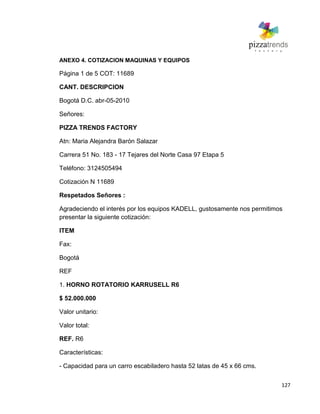 127
ANEXO 4. COTIZACION MAQUINAS Y EQUIPOS
Página 1 de 5 COT: 11689
CANT. DESCRIPCION
Bogotá D.C. abr-05-2010
Señores:
PIZZA TRENDS FACTORY
Atn: Maria Alejandra Barón Salazar
Carrera 51 No. 183 - 17 Tejares del Norte Casa 97 Etapa 5
Teléfono: 3124505494
Cotización N 11689
Respetados Señores :
Agradeciendo el interés por los equipos KADELL, gustosamente nos permitimos
presentar la siguiente cotización:
ITEM
Fax:
Bogotá
REF
1. HORNO ROTATORIO KARRUSELL R6
$ 52.000.000
Valor unitario:
Valor total:
REF. R6
Características:
- Capacidad para un carro escabiladero hasta 52 latas de 45 x 66 cms.
 