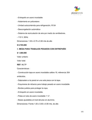 131
- Entrepaño en acero inoxidable
- Aislamiento en poliuretano
- Unidad autocontenida para refrigeración, R134
- Descongelación automática
- Sistema de recirculación de aire por medio de ventiladores.
- 110 V, 60Hz
Dimensiones: 1.50 x 0.75 x 0.90 mts de alto
$ 6.705.000
5. MESA PARA TRABAJOS PESADOS CON ENTREPAÑO
$ 1.380.000
Valor unitario:
Valor total:
REF. MLTP
Características :
- Construcción tapa en acero inoxidable calibre 16, referencia 304
antiácidos.
- Salpicadero a la pared en una sola pieza con la tapa.
- Esquineras de refuerzo para trabajo pesado en acero inoxidable.
- Bordes pulidos para proteger la ropa.
- Entrepaño en acero inoxidable.
- Patas en tubo de acero inoxidable 1 ½".
- Bases ajustables al nivel del piso en aluminio.
Dimensiones: Frente 1,50 x 0.60 x 0.90 mts. de alto
 