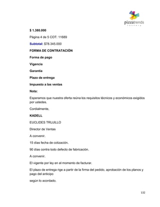 132
$ 1.380.000
Página 4 de 5 COT: 11689
Subtotal: $78.345.000
FORMA DE CONTRATACIÓN
Forma de pago
Vigencia
Garantía
Plazo de entrega
Impuesto a las ventas
Nota:
Esperamos que nuestra oferta reúna los requisitos técnicos y económicos exigidos
por ustedes.
Cordialmente,
KADELL
EUCLIDES TRUJILLO
Director de Ventas
A convenir.
15 días fecha de cotización.
90 días contra todo defecto de fabricación.
A convenir.
El vigente por ley en el momento de facturar.
El plazo de entrega rige a partir de la firma del pedido, aprobación de los planos y
pago del anticipo
según lo acordado.
 
