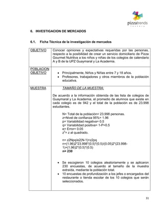 31
6. INVESTIGACION DE MERCADOS
6.1. Ficha Técnica de la investigación de mercados
OBJETIVO Conocer opiniones y expectativas requeridas por las personas,
respecto a la posibilidad de crear un servicio domiciliario de Pizza
Gourmet Nutritiva a los niños y niñas de los colegios de calendario
A y B de la UPZ Guaymaral y La Academia.
POBLACION
OBJETIVO Principalmente, Niños y Niñas entre 7 y 18 años.
Profesores, trabajadores y otros miembros de la población
educativa.
MUESTRA TAMAÑO DE LA MUESTRA:
De acuerdo a la información obtenida de las lista de colegios de
Guaymaral y La Academia, el promedio de alumnos que existe en
cada colegio es de 942 y el total de la población es de 23.998
estudiantes.
N= Total de la población= 23.998 personas.
z=Nivel de confianza 95%= 1.96
p= Variabilidad negativa= 0.5
q= Variabilidad positiva= 1-P=0.5
e= Error= 0.05
z2
= z al quadrado.
n= z2Npq/e2(N-1)+z2pq
n=(1.96)2*23.998*(0.5)*(0.5)/(0.05)2*(23.998-
1)+(1.96)2*(0.5)*(0.5)
n= 230
Se escogieron 10 colegios aleatoriamente y se aplicaron
230 encuestas, de acuerdo al tamaño de la muestra
extraída, mediante la población total.
10 encuestas de profundización a los jefes o encargados del
restaurante o tienda escolar de los 10 colegios que serán
seleccionados.
 