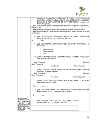 33
7. ¿CUALES CONSIDERA USTED QUE SON LOS TIPOS DE PIZZA
GOURMET NUTRITIVA QUE LE GUSTARIA OBTENER EN LA TIENDA
ESCOLAR O RESTAURANTE DE SU INSTITUCION? (marque por
favor una opción)
__Los tradicionales (pollo y champiñones, hawaiana, peperoni, vegetariana,
margarita, etc.)
__Las temáticas (mexicana, americana, argentina, oriental, española, etc.)
__Las Gourmet (salmón, pollo teriyaki, jamon serrano, cuatro quesos, lomo de
cerdo, etc.)
8. ¿LE INTERESERIA COMPRAR PIZZA GOURMET NUTRITIVA
DENTRO DE SU INSTITUCION EDUCATIVA?
Si___ No___
9. ¿LE INTERESARIA CONSUMIR PIZZA GOURMET NUTRITIVA A
BASE DE?
o Harina blanca
o Harina Integral
o otro
10. ¿QUE TAN FRECUENTE CONSUME USTED FRUTAS? (marque con
una X la opción correcta)
Muy Frecuente Regular
Nada Frecuente
Frecuente Poco Frecuente
11. ¿QUE TAN FRECUENTE CONSUME ESTED VERDURAS? (marque
con una X la opción correcta).
Muy Frecuente Regular
Nada Frecuente
Frecuente Poco Frecuente
12. ¿CONOCE USTED LA COMPOSICION NUTRICIONAL QUE TIENE
UNA PORCION DE PIZZA?
Si____ No_____
13. ¿LE GUSTARIA SABER LA COMPOSICION NUTRICIONAL DE UNA
PORCION DE PIZZA GOURMET NUTRITIVA?
Si____ No______
ENCUESTA
APLICADA A
JEFES O
ENCARGAD
OS DE LA
TIENDA
1. QUE PRODUCTOS O CLASES DE COMIDA RAPIDA
VENDE DENTRO DE SU INSTITUCION?
______________________________________________________
_____________________________________________________
_____________________________________________________
_____________________________________________________
 