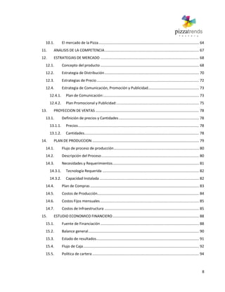 8
10.1. El mercado de la Pizza................................................................................................... 64
11. ANALISIS DE LA COMPETENCIA............................................................................................. 67
12. ESTRATEGIAS DE MERCADO ................................................................................................. 68
12.1. Concepto del producto ................................................................................................. 68
12.2. Estrategia de Distribución............................................................................................. 70
12.3. Estrategias de Precio..................................................................................................... 72
12.4. Estrategia de Comunicación, Promoción y Publicidad.................................................. 73
12.4.1. Plan de Comunicación:.............................................................................................. 73
12.4.2. Plan Promocional y Publicidad:................................................................................. 75
13. PROYECCION DE VENTAS ...................................................................................................... 78
13.1. Definición de precios y Cantidades............................................................................... 78
13.1.1. Precios....................................................................................................................... 78
13.1.2. Cantidades................................................................................................................. 78
14. PLAN DE PRODUCCION ......................................................................................................... 79
14.1. Flujo de proceso de producción.................................................................................... 80
14.2. Descripción del Proceso................................................................................................ 80
14.3. Necesidades y Requerimientos..................................................................................... 81
14.3.1. Tecnología Requerida ............................................................................................... 82
14.3.2. Capacidad Instalada .................................................................................................. 82
14.4. Plan de Compras ........................................................................................................... 83
14.5. Costos de Producción.................................................................................................... 84
14.6. Costos Fijos mensuales ................................................................................................. 85
14.7. Costos de Infraestructura ............................................................................................. 85
15. ESTUDIO ECONOMICO FINANCIERO..................................................................................... 88
15.1. Fuente de Financiación ................................................................................................. 88
15.2. Balance general............................................................................................................. 90
15.3. Estado de resultados..................................................................................................... 91
15.4. Flujo de Caja.................................................................................................................. 92
15.5. Política de cartera ......................................................................................................... 94
 