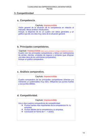 I CONCURSO DE EMPRENDEDORES UNIVERSITARIOS
                                  Plantilla

3. Competitividad


  a. Competencia.

                           Capítulo: Imprescindible
   Visión general de la situación de la competencia en relación al
   mercado. Breve análisis introductorio.
   Incluye, si dispones de él, un cuadro con datos generales y un
   gráfico que dé una idea muy clara de la situación general.




  b. Principales competidores.
    Capítulo: Imprescindible (salvo que tu producto no tenga competidores directos)
   Cuadro con los principales competidores y datos con estimaciones
   de ventas, clientes, unidades de negocio o similares (que ofrezcan
   una idea clara de los volúmenes comparados).
   Incluye un gráfico comparativo.




  c. Análisis comparativo.
                           Capítulo: Imprescindible
   Cuadro comparativo de los principales competidores (directos y-o
   indirectos y-o potenciales) muy claro, reflejando sus puntos fuertes
   y sus puntos débiles.




  d. Competitividad.
                           Capítulo: Imprescindible
   Uno o dos cuadros comparativos de competitividad:
          Puntos fuertes más importantes de la competencia Vs. tu
          empresa.
          Puntos débiles de la competencia y tu empresa.
          Conclusión en forma de + - = (éxito)




                                                                                      11
 