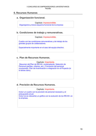 I CONCURSO DE EMPRENDEDORES UNIVERSITARIOS
                                Plantilla

6. Recursos Humanos

  a. Organización funcional.

                         Capítulo: Imprescindible.
    Organigrama y breve esquema funcional de la empresa



  b. Condiciones de trabajo y remunerativas.
                         Capítulo: Imprescindible.

    Cuadro con las condiciones remunerativas y de trabajo de los
    grandes grupos de colaboradores.

    Especialmente importante en el caso del equipo directivo.




  c. Plan de Recursos Humanos.
                           Capítulo: Importante.
     Resumen del Plan de RR.HH. contemplando: Selección de
    Personal (perfiles, criterios, etc.). Formación del personal
    incorporado. Plan de Incentivación e integración en el Proyecto (si
    lo tienes claro).




  d. Previsión de Recursos Humanos.
                           Capítulo: Importante.
    Incluir un cuadro con la previsión de personal necesario y el
    presupuesto anual.
    Incluir (si es relevante) un gráfico con la evolución de los RR.HH. en
    la empresa.




                                                                             19
 