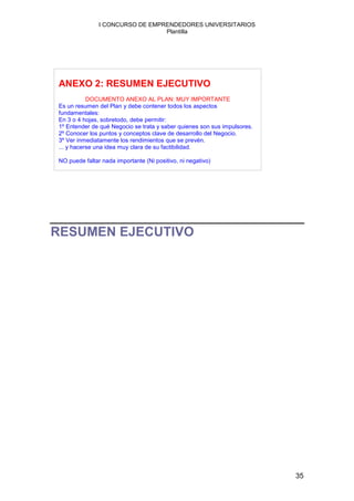 I CONCURSO DE EMPRENDEDORES UNIVERSITARIOS
                                 Plantilla




ANEXO 2: RESUMEN EJECUTIVO
           DOCUMENTO ANEXO AL PLAN: MUY IMPORTANTE
Es un resumen del Plan y debe contener todos los aspectos
fundamentales:
En 3 o 4 hojas, sobretodo, debe permitir:
1º Entender de qué Negocio se trata y saber quienes son sus impulsores.
2º Conocer los puntos y conceptos clave de desarrollo del Negocio.
3º Ver inmediatamente los rendimientos que se prevén.
... y hacerse una idea muy clara de su factibilidad.

NO puede faltar nada importante (Ni positivo, ni negativo)




RESUMEN EJECUTIVO




                                                                          35
 