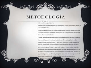 METODOLOGÍA
Activa, reflexiva y participativa.
El proyecto se realizará mediante una metodología activa y participativa de toda la
Comunidad Educativa.
Contempla la ejecución de un proyectos que tienden a permitir que la Comunidad
Educativa conozca los problemas relacionados con el mejoramiento del ambiente
dentro y fuera de la institución.
También se pretende realizar acciones con miras a la solución de estos problemas.
Esta metodología está orientada hacia el desarrollo interdisciplinario en las
diferentes áreas del conocimiento y tiene como sustento el trabajo cooperativo
entre los miembros de la comunidad educativa del Colegio Integrado la Granja.
Las estrategias que se llevaran a cabo serán las que el mismo medio nos brinda
como son las basuras sólidas, implementando acciones pedagógicas como el u so
de canecas para clasificar dichas basuras, dándoles un uso adecuado. Se creara un
grupo ecológico que cuya función principal es estar en los descansos pendiente de
que los niños este aplicando un buen reciclaje (estímulo horas sociales).
Se realizaran producciones textuales, videos, elaboración de materiales
pedagógicos los cuales se obtendrán a través de internet (las TICS).
 